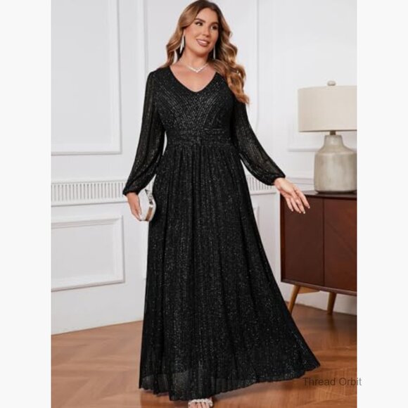Plus Size Sparkly Lace Formal Maxi Dress V Neck Cocktail Evening Gown - Picture 3 of 7